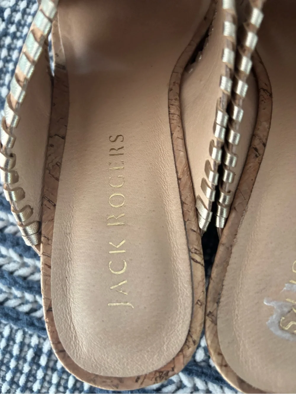 Jack Rogers Mid Wedge Cross Strap Sandals Cork Slide Tan Gold Whip Stitch 9.5